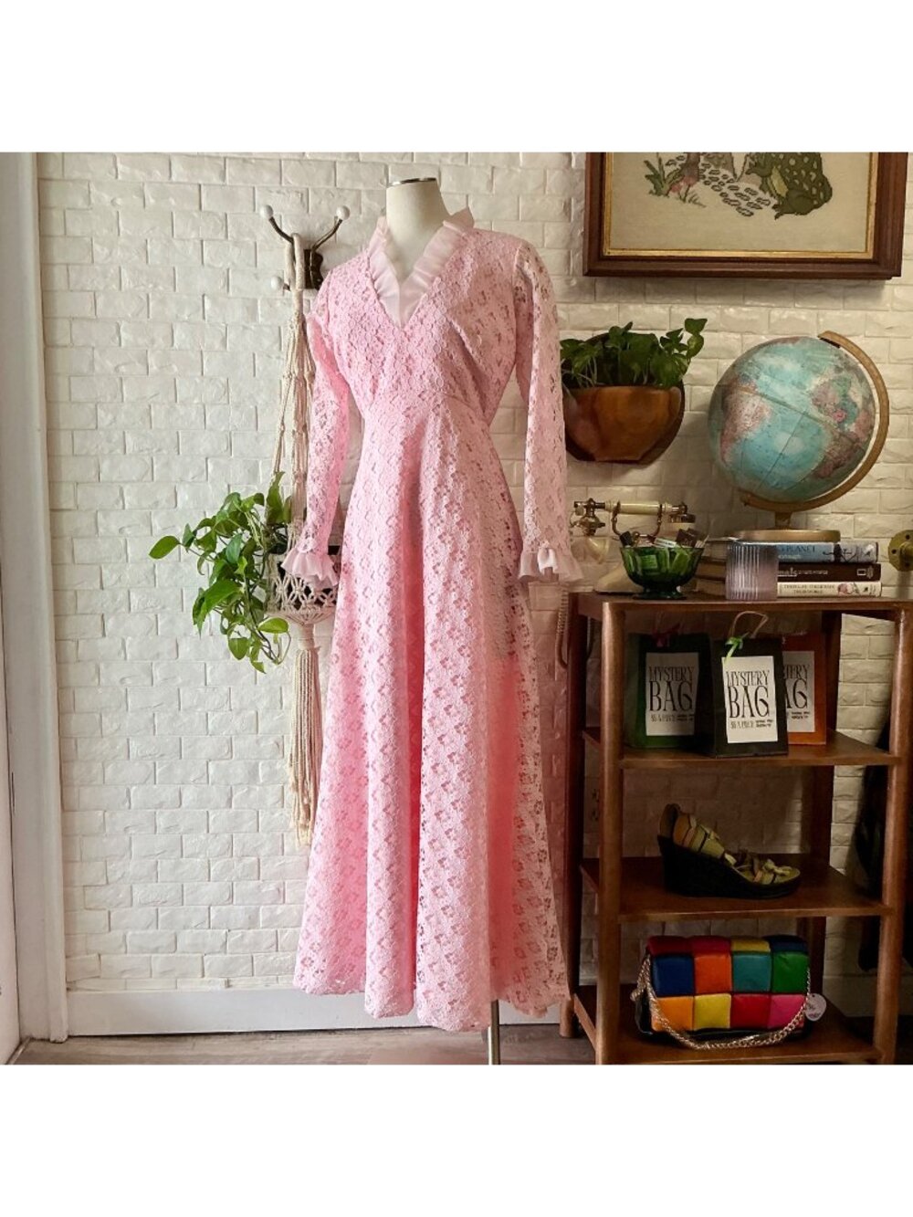 Vintage 1960s Bernie Bee Union Made Pink Lace Prairie Dress - Picture 1 of 13
